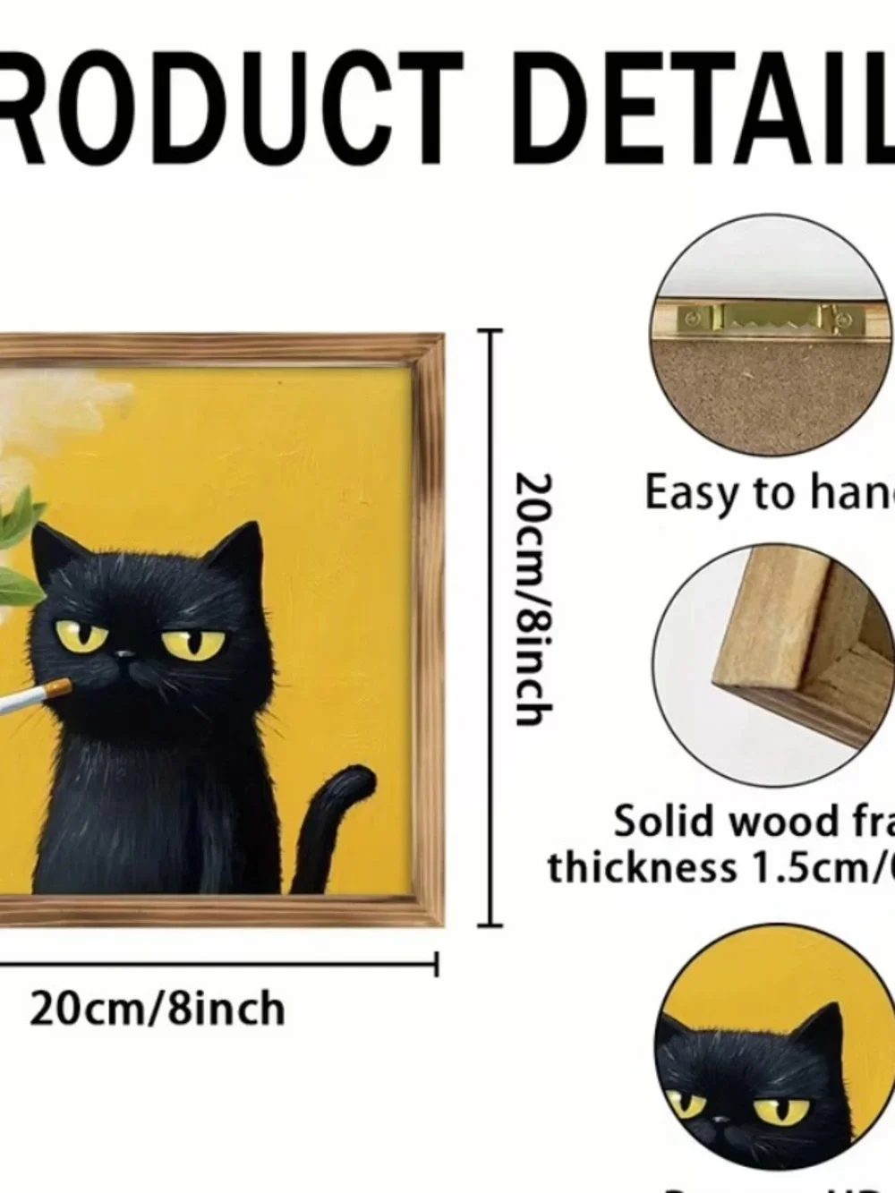 Framed Black Cat Smoking Art Wooden Wall Decor on Yellow Back 8x8” NEW - Picture 6 of 6